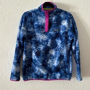 Lands' End Heritage Fleece Women Sz XS Blue Tie Dye Snap Pullover Jacket‎ 517212